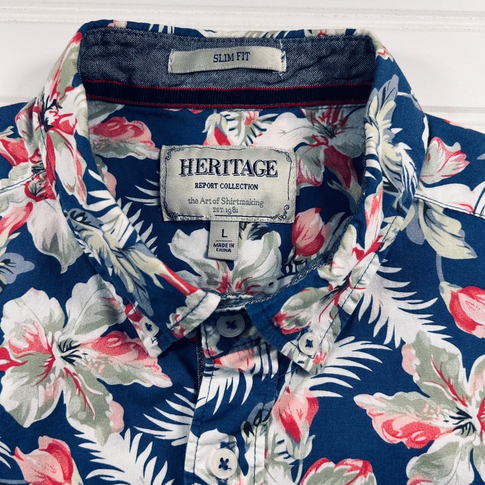 Heritage Report Collection Tropical Floral Shirt Men L Blue Slim Fit Button Down